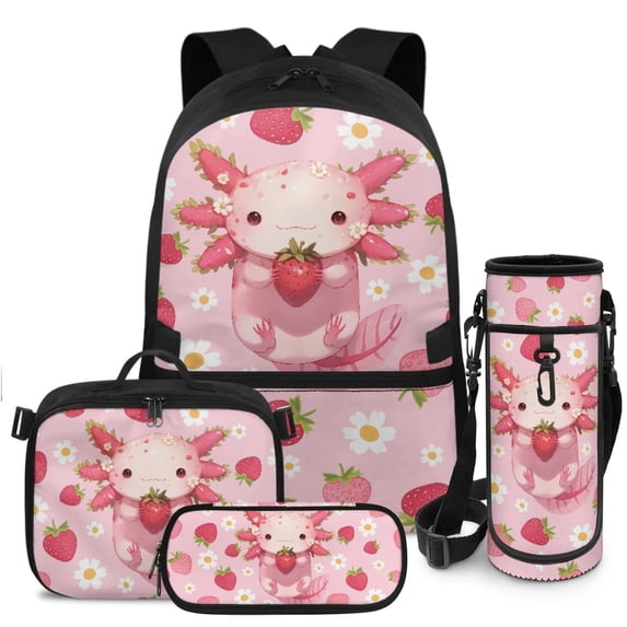 HUIACONG Strawberry Axolotl Kids Backpack 4-IN-1 Set for Boys Girls Ages 6-12 Detachable Lunch Box Pencil Case Water Bottle Holder School Backpack Lightweight 300g