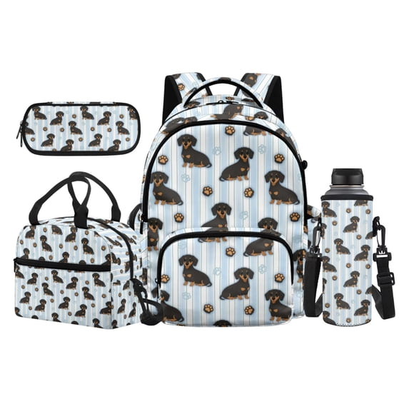 HUIACONG Striped Dachshund 4 Piece Kids School Backpack 17 Inch, Includes Lunch Bag, Pencil Case & Water Bottle Sleeve, Breathable Back Panel, for Ages 6-9, Elementary