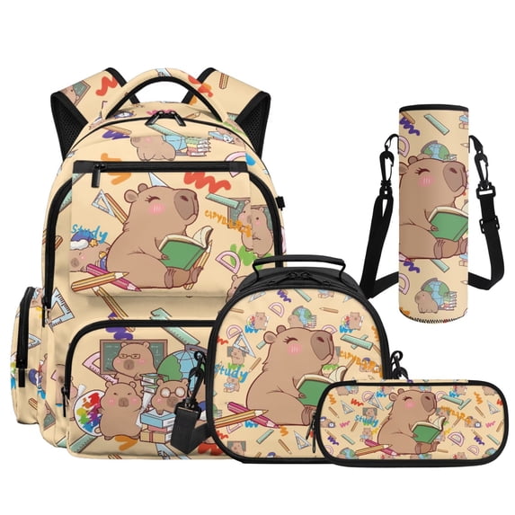 HUIACONG Study Capybara Kids Backpack Set with Lunch Box, 17" 4PCS Waterproof School Bag for Age 7-13