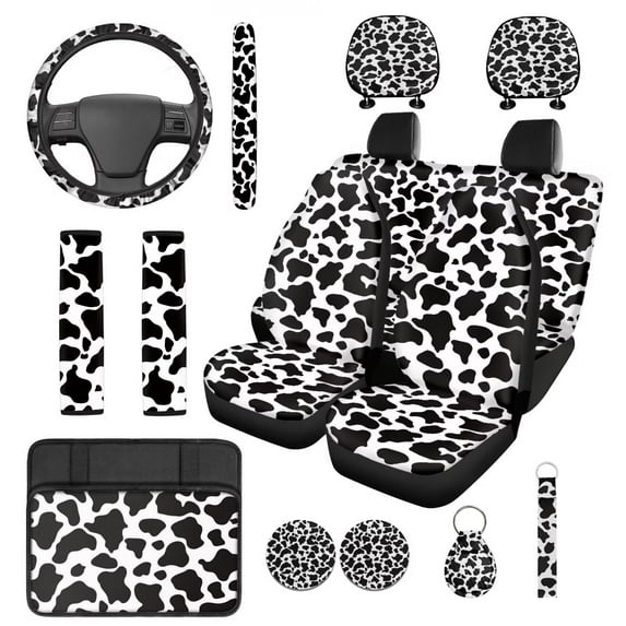 HUIACONG Stylish Cow Print Seat Covers for Cars for Women Full Set with Steering Wheel Cover Seat Belt Pads Center Console Cover Coasters Headrest Cover Keychain,14 Pcs,Washable & Universal Fit