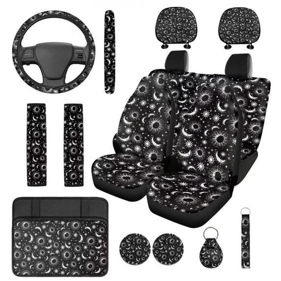 HUIACONG Sun and Moon Car Accessories Seat Covers Full Set with Steering Wheel Cover Center Console Cover Seat Belt Covers Coasters Headrest Covers Keychain 14 Pcs Universal Fit Most Cars SUV Sedan