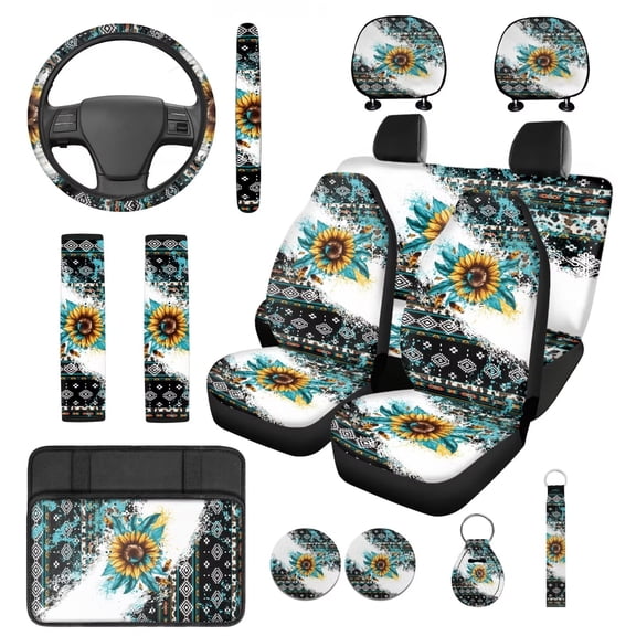 HUIACONG Sunflower Aztec Print Car Seat Covers Full Set 14 Pcs Southwestern Car Accessories Steering Wheel Cover Armrest Cover Seat Belt Pads Headrest Cover Coasters Keychain Universal Fit