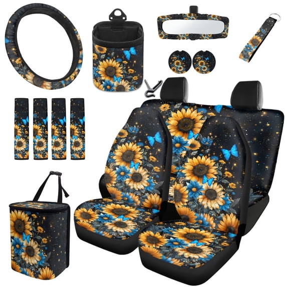 HUIACONG Sunflower Blue Butterfly Car Seat Covers Full Set 14 Pcs Universal Fit Washable Non-Slip Car Interior Accessories with Steering Wheel Cover Seat Belt Pads Armrest Cover