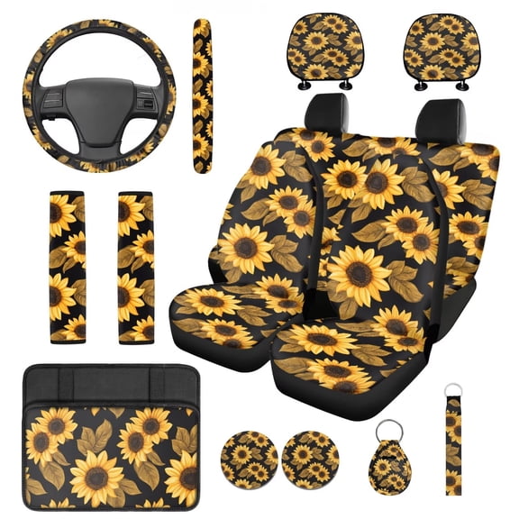 HUIACONG Sunflower Car Seat Covers Full Set with Arm Rest Cover Seat Belt Covers Steering Wheel Cover Cover Keychain 14 Pcs Universal Fit Sunflower Car Accessories for Women Interior