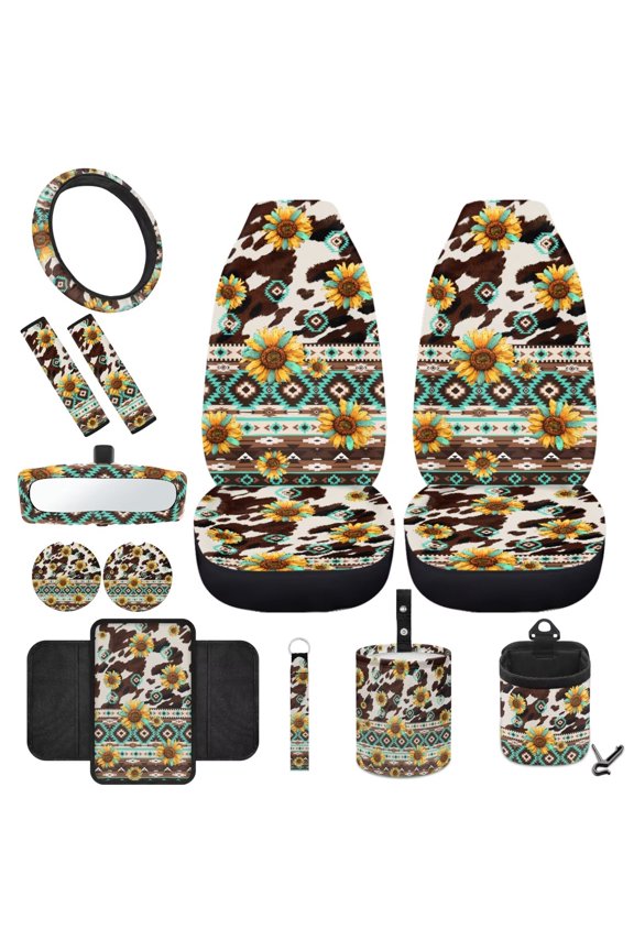 Sunflower Cow Print Car Seat Covers Full Set 12 Pieces Car Armrest Cover Pad Universal Fit Car Wheel Cover Protector Easy to Install Car Garbage Can Car Storage Box Car Cup Holder Coasters