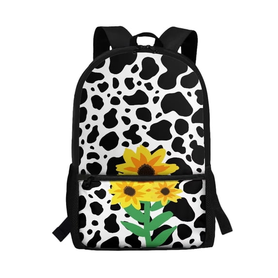 HUIACONG Sunflower Cow Print School Backpack for Daily Student Use Lightweight Multi Compartment Large Capacity for Boys Girls Ages 6‑18 Back to School