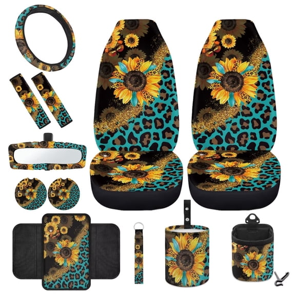 HUIACONG Sunflower Leopard Car Interior Accessories Seat Covers for Car Car Wheel Protector Auto Seat Belt Cover Car Garbage Can Car Organizer Rearview Mirror Cover Car Cup Coasters Key Chains 12 Pcs