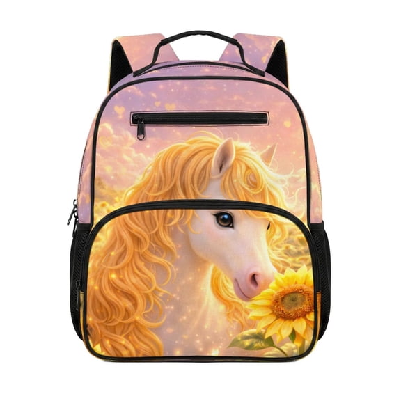 HUIACONG Sunflower Unicorn 13.5 Inch Kids Backpack, Durable Water Repellent School Bag with Padded Adjustable Straps, Large Capacity Multi Pocket Bookbag for Elementary School Travel