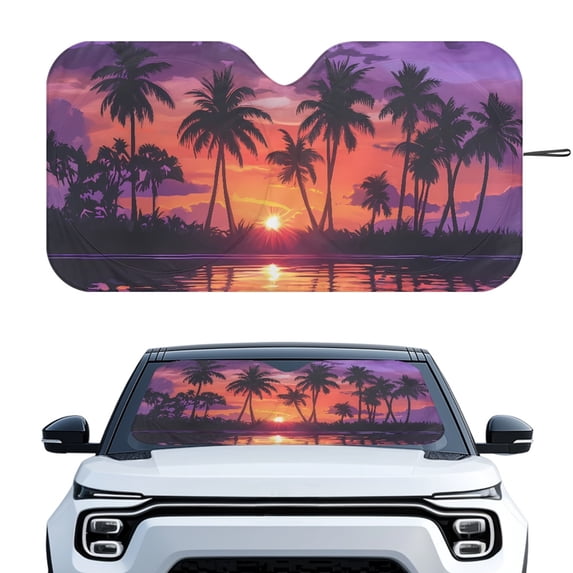HUIACONG Sunset Palm Tree Silhouette Print Foldable Sunshade Heat and UV Protection Keeps Your Car Cooler Car SUV Windshield Sun Shade for Trucks Universal Cars Sedan