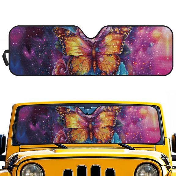 HUIACONG Sunshade Windshield for Jeep Wrangler,Sun Visor Windshield Shade Blocks UV Rays,Shade Heat Shield Compatible with Jeep Wrangler TJ JK JL 2/4 Door Purple Galaxy Butterfly