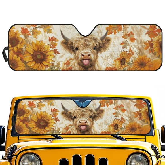 HUIACONG Sunshade Windshield, Sun Visor for UV Rays & Heat Protection, Suitable for Wrangler, Compass, Gladiator & Renegade , Accessories for Jeep Wrangler | X-Small - 60x21 inches Sunflower Cow