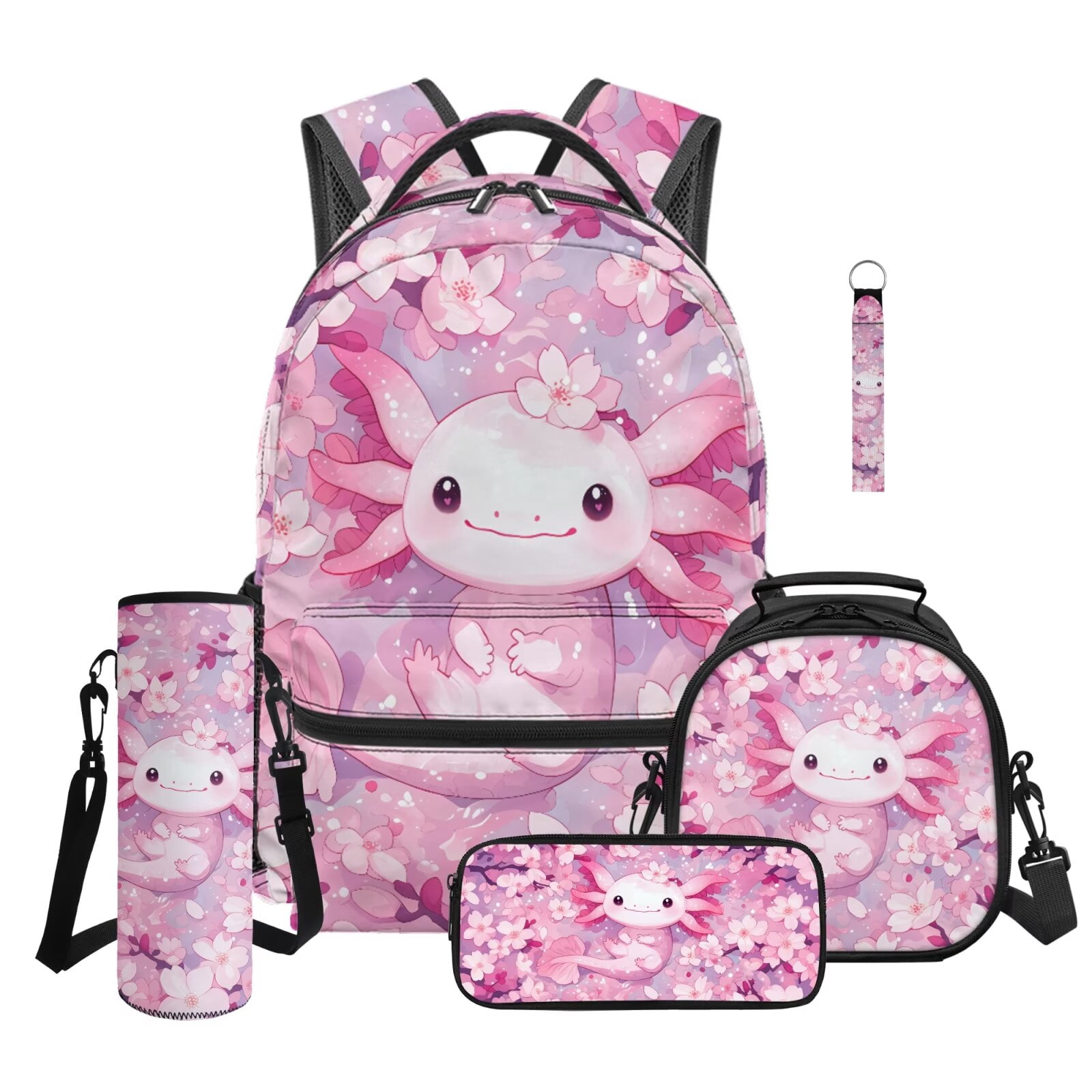 HUIACONG Sweet Cherry Blossom Axolotl 5Pcs Backpack & Lunch Box Set, 17 ...