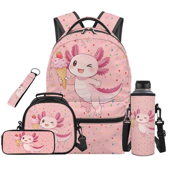 HUIACONG Sweet Ice Cream Axolotl School Backpack Set for Kids, 17 Inch Cute Children Bookbag with Lunch Bag, Whimsical Dessert Design for Girls