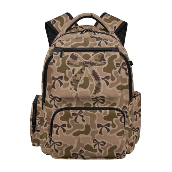 HUIACONG Tan Camo Bow School Backpack for Boys Girls Ages 6-18 Water Resistant Multi Pocket Padded Adjustable Straps Large Capacity Bookbag for Elementary Middle High School Daily Use