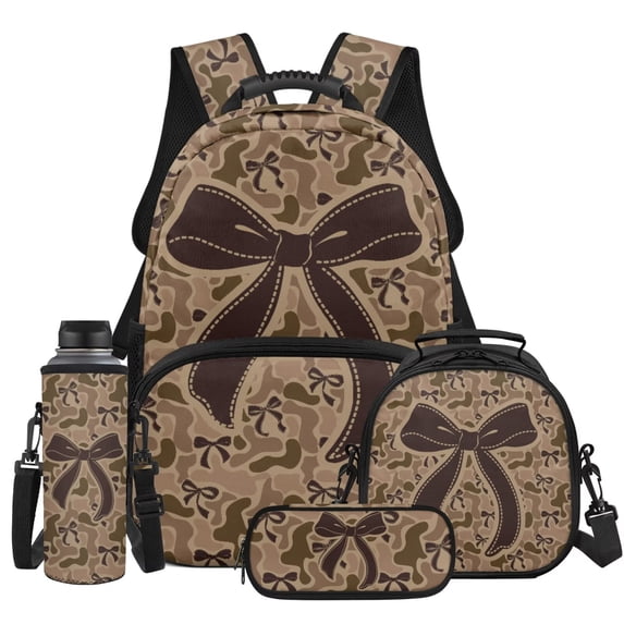 HUIACONG Tan Camo Dark Bow Kids Backpack Set for Girls with Lunch Box Insulated Water Bottle 4Pcs Backpack and Water Bottle Cover with Padded Strap for Girl Kid Students Elementary School Age 6-12
