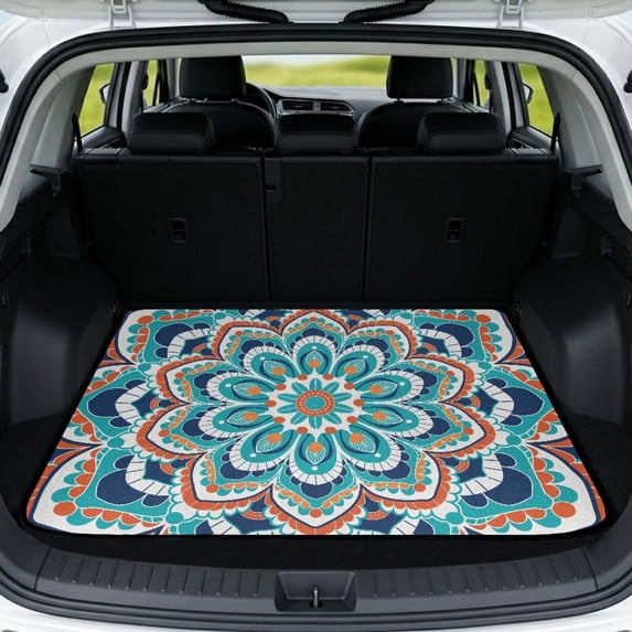 HUIACONG Teal Orange Mandala Car Trunk Mat, 29" x 39" Stitched Edge Polyester, Stain Resistant Non-Slip All Season, Wipe Clean Fast Install Universal Fit for SUVs Sedans Trucks