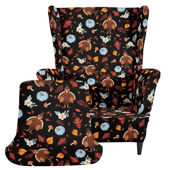 HUIACONG Thanksgiving Turkey Pumpkin Maple Print 2-Piece Wingback Chair Slipcovers, Full Elastic Hem Soft Wrinkle Resistant High Stretch Fabric, Easy Install Washable Furniture