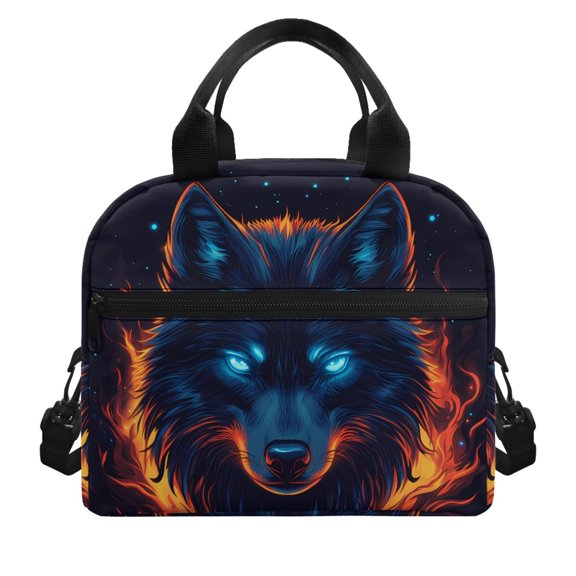 HUIACONG Thermal Lunch Tote with Fiery Wolf Print, Lunch Cooler Bag Aluminum Film Material for Office Camping and Daily Use