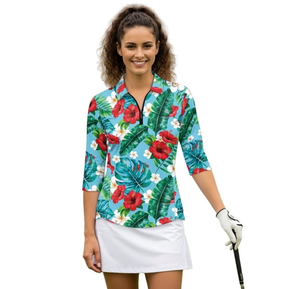 HUIACONG Tropical Hibiscus Women 3/4 Sleeve Golf Top, Ladies Golf Polo with Breathable Fabric, for Golf, Tennis, Hiking, Outdoor Outings