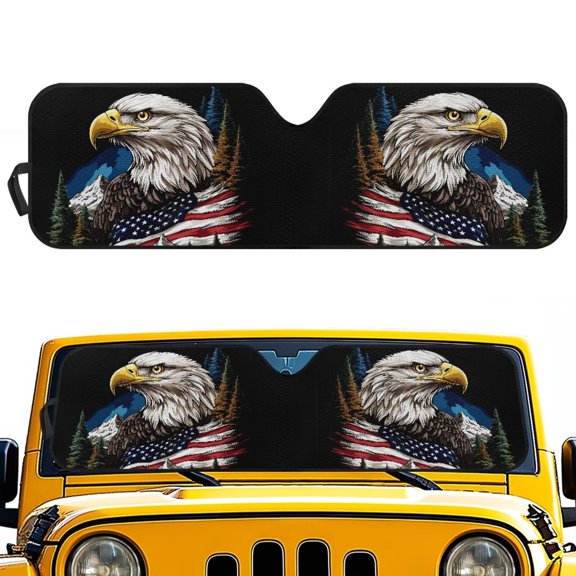 HUIACONG Two US Flag Eagle Windshield Sun Shade for 2018-2024 Jeep Wrangler JL JLU & Gladiator JT, Sunshades Heat Shield, Aluminum Foil Triple Laminate Structure, Silver