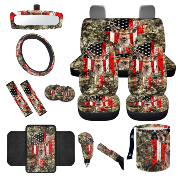 HUIACONG US Flag & Deer Car Interior Accessory Kit, with Car Seatbelt Cover Car Cup Coasters Car Coasters Rearview Mirror Protector
