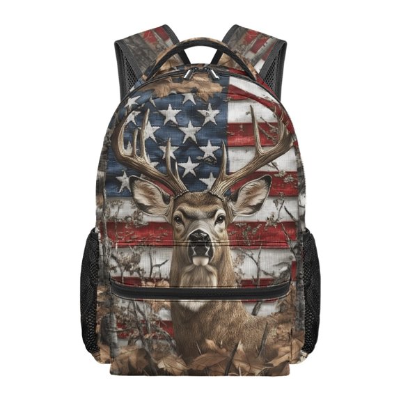 HUIACONG US Flag & Deer Head with Leaf Camouflage Pattern Durable School Backpack, Waterproof Polyester School Bag, Zipper Closure Student Backpack for Travel