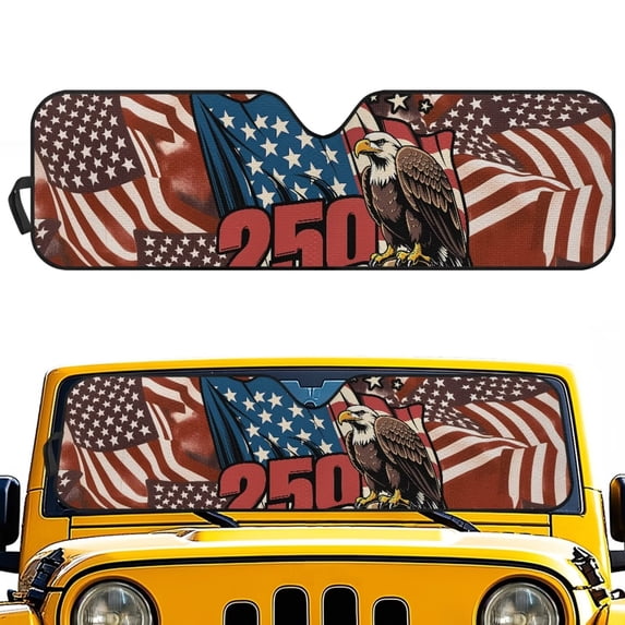 HUIACONG US Flag Eagle Windshield Shade for 2018-2024 2025 Jeep Wrangler JL / 2020-2024 Jeep Gladiator JT Accessories 18.5''x56'' Front Window 250th Sun Shade Protector Foldable Blocks UV Rays