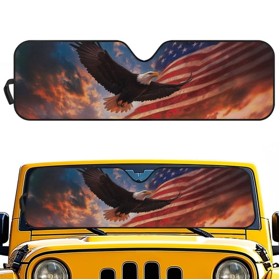 HUIACONG US Flag Eagle Windshield Sun Shade for 1997-2018 Jeep Wrangler TJ JK JKU, Sunshades Heat Shield, Aluminum Foil Triple Laminate Structure, Silver
