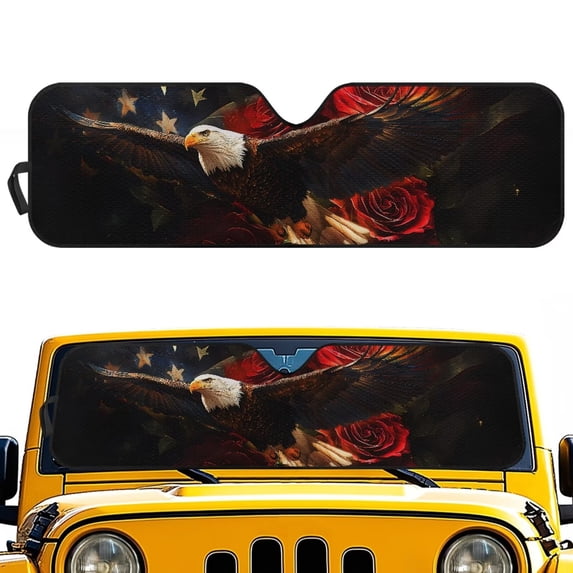 HUIACONG US Flag Eagle Windshield Sun Shade for Jeep Wrangler TJ JK JKU JL JLU ,Aluminum Foil Film Car Winshied Sun shade,Effectively Blocking Heat and UV Rays
