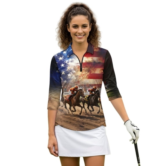 HUIACONG US Flag Race Women's Golf Polo Shirts, Quarter Zip Tennis Activewear Comfortable Soft Womens 3/4 Sleeve Golf Shirts for Training Sports Outdoor Sports