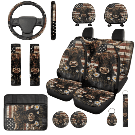 HUIACONG USA Cow Daisy Car Interior Accessory Kit, with Key Fob Keychain Strap, Compatible with Trucks Cars