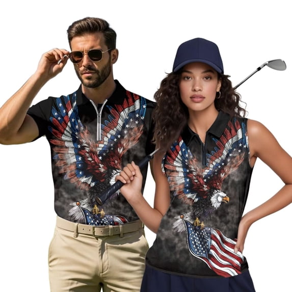 HUIACONG USA Eagle Matching Golf Shirts for Couples Sleeveless Golf Tops for Women Lightweight Quick Dry Mens Short Sleeve Shirt 1/4 Zip Breathable Moisture Wicking Athletic Wear Woman 2XL