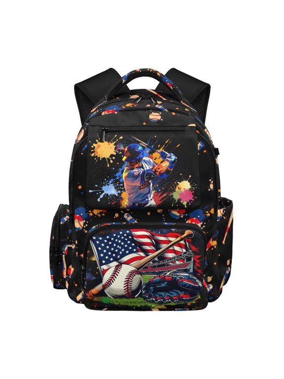 USA Flag Baseball Backpack for Students 9-18, Patriotic Print School Bag, Lightweight Durable Bookbag for Kids Teens Daily Use