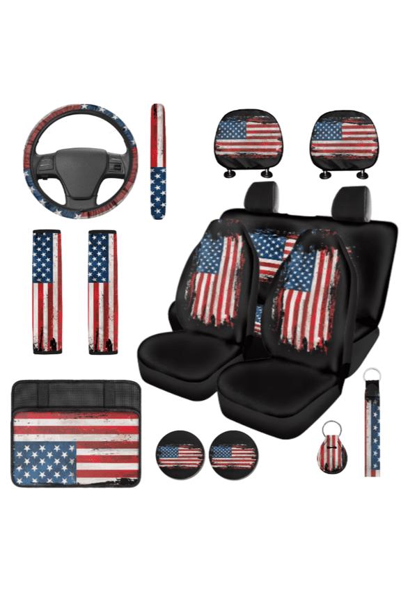 USA Flag Car Seat Cover Set, with Keychain Steering Wheel Cover Car Seat Covers Teardrop Key Charm Auto Armrest Box Cover