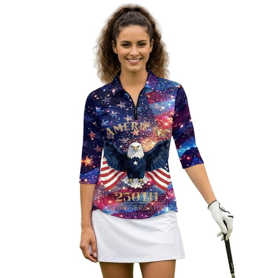 HUIACONG USA Flag Tennis Tops, Quick Dry Womens 3/4 Sleeve Golf Shirts Quarter Zip Anti-Wrinkle Ladies Golf Top 3/4 Sleeve for Sports Outing Outdoor Sports