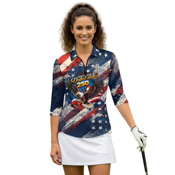 HUIACONG USA Pattern 250 Years Women's Golf Polo Shirts Quarter Zip with Soft Fashion Quick Dry Golf Shirt Women for Outdoor Activities Sports Tennis Workout