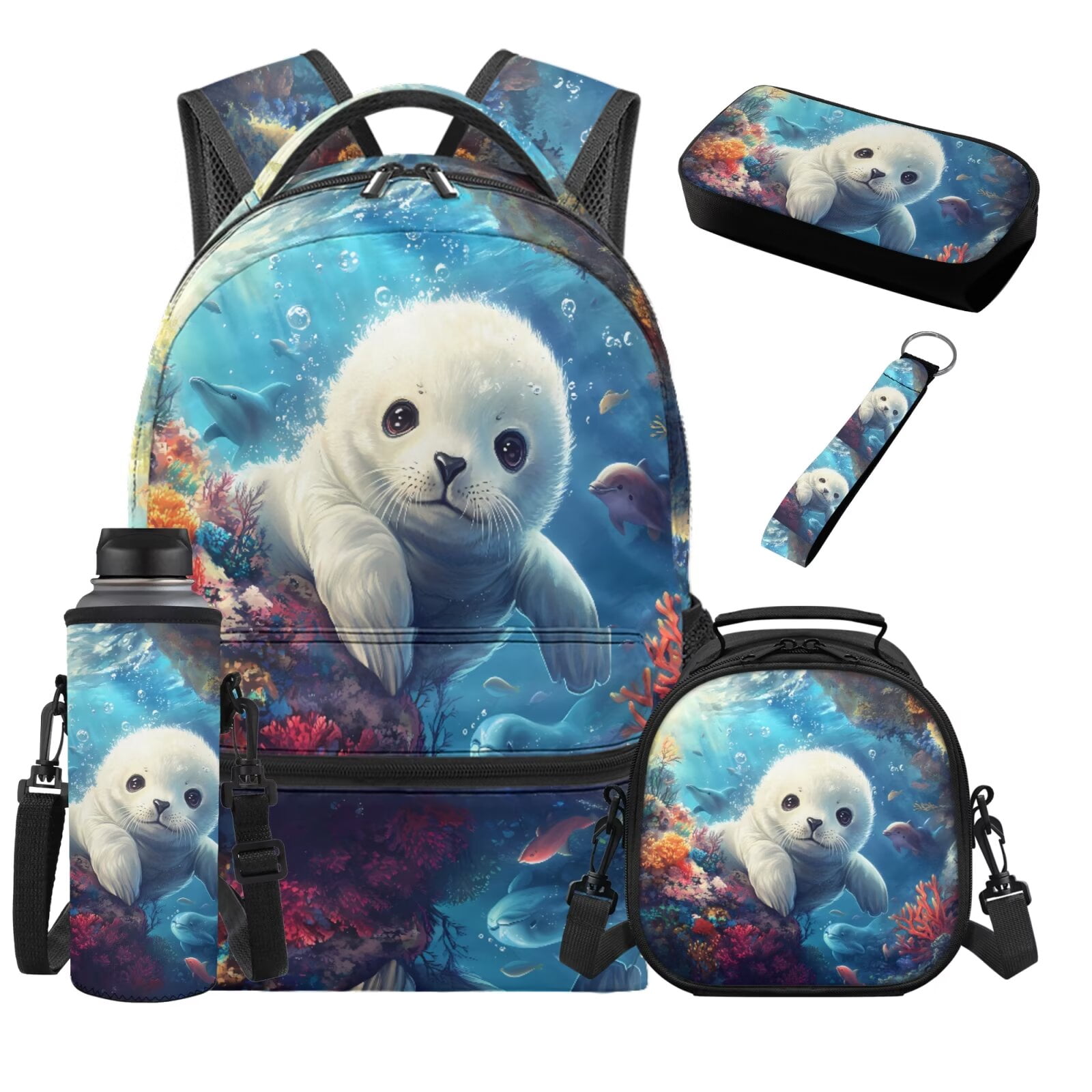 HUIACONG Underwater Baby Seal School Backpack and Lunch Box Set, 17 ...