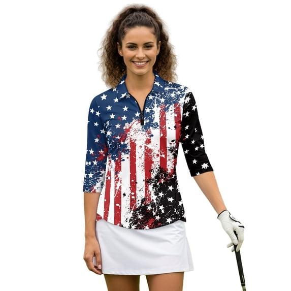 HUIACONG Versatile Women's Golf Polo Shirts for Sports Workout Tennis, Polyester Spandex Fabric Comfortable Quarter Zip Quick Dry Golf Shirt Women, American flag