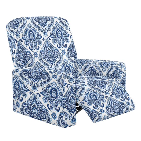 HUIACONG Vintage Blue Paisley 4-Piece Recliner Chair Slipcovers, Side Pockets Non-Slip Wrinkle Free Breathable Flexible Fabric, Tool-Free Install Full Coverage Furniture Protector