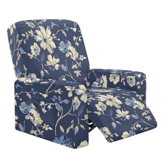 HUIACONG Vintage Blue Toile De Jouy 4-Piece Recliner Slipcovers, Side Pocket Wrinkle Free Soft Breathable Fabric, Non-Slip Full Coverage Furniture Protector for Farmhouse Living