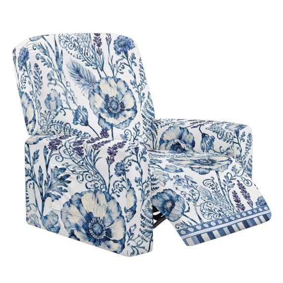 HUIACONG Vintage Blue Toile De Jouy 4-Piece Recliner Slipcovers, Soft Breathable Wrinkle Resistant Stretch Fabric with Side Pockets, Non-Slip Easy Install Furniture Protector