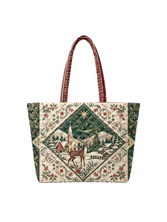 Vintage Christmas Village Deer Print Quilted Tote Bag, Zip Closure Featherweight Large Capacity Shoulder Handbag for Holiday Shopping Travel Work Daily Use with Inner