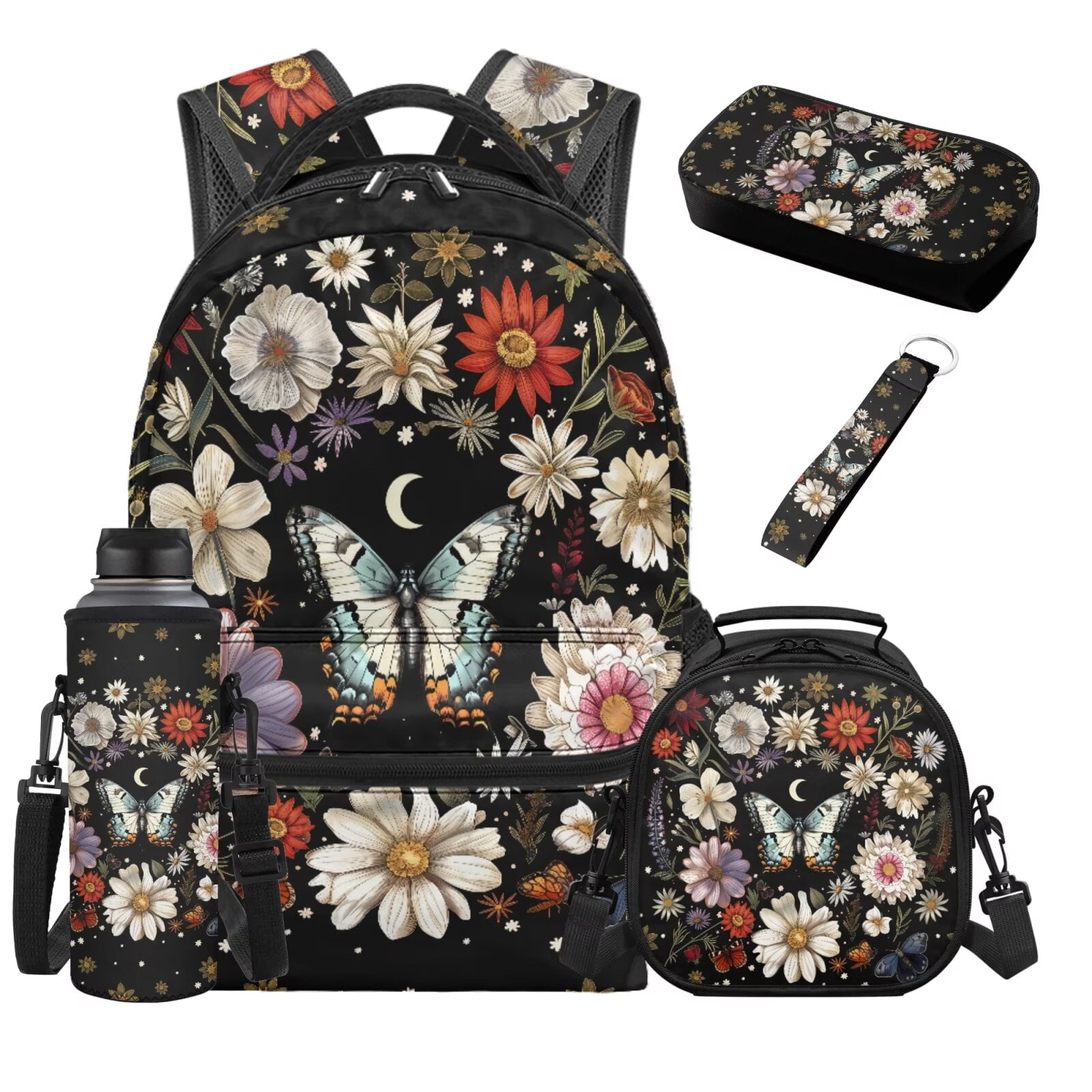 HUIACONG Vintage Floral Butterfly Backpack and Lunch Box Set, 17 Inch ...