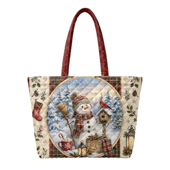 HUIACONG Vintage Snowman Cardinal Pattern Stitched Padded Handle Tote Bag Featherweight Large Capacity Festive Shoulder Purse for Christmas Shopping Travel Holiday Parties Daily