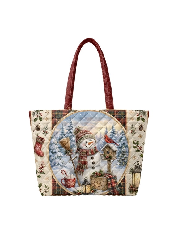 Vintage Snowman Cardinal Pattern Stitched Padded Handle Tote Bag Featherweight Large Capacity Festive Shoulder Purse for Christmas Shopping Travel Holiday Parties Daily
