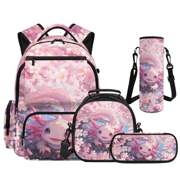HUIACONG Water Sakura Axolotl Girls School Backpack 4 Piece Set, 17" Cute Bookbag with Lunch Box for Age 7-13