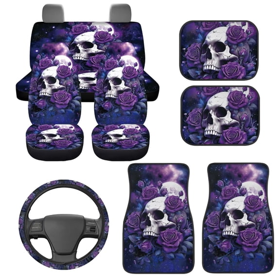 HUIACONG All Weather Car Mats Set 9 Pcs Rubber Non-Slip Floor Mats with ar Steering Wheel Cover and Car Seat Covers Purple Roses Skull Auto Interior Accessories Universal Fit Automotive Floor Mats