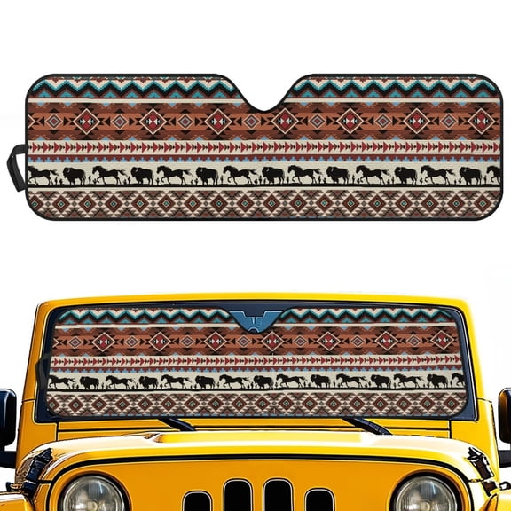 HUIACONG Western Aztec Sunshade Sun Shade Windshield Heat Shield Sun Visor Mat Compatible with Jeep Wrangler Rubicon Sahara TJ JK JKU 2 Door & 4 Door