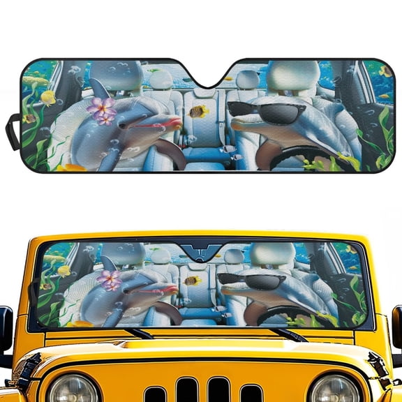 HUIACONG Windshield Cool Dolphins Shade for 2018-2024 2025 Jeep Wrangler JL / 2020-2024 Jeep Gladiator JT Accessories 18.5''x56'' Front Window Sun Shade Sun Visor Protector Foldable Blocks UV Rays