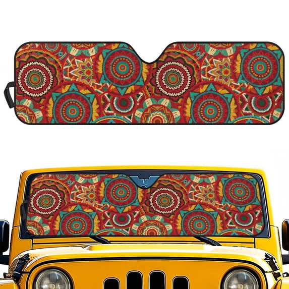 HUIACONG Windshield Sun Shade for Jeep Wrangler JK JKU JL JLU1997-2024,Window Sun Visor for UV Rays & Heat Protection,Brown Mandala Windshield Sunshade